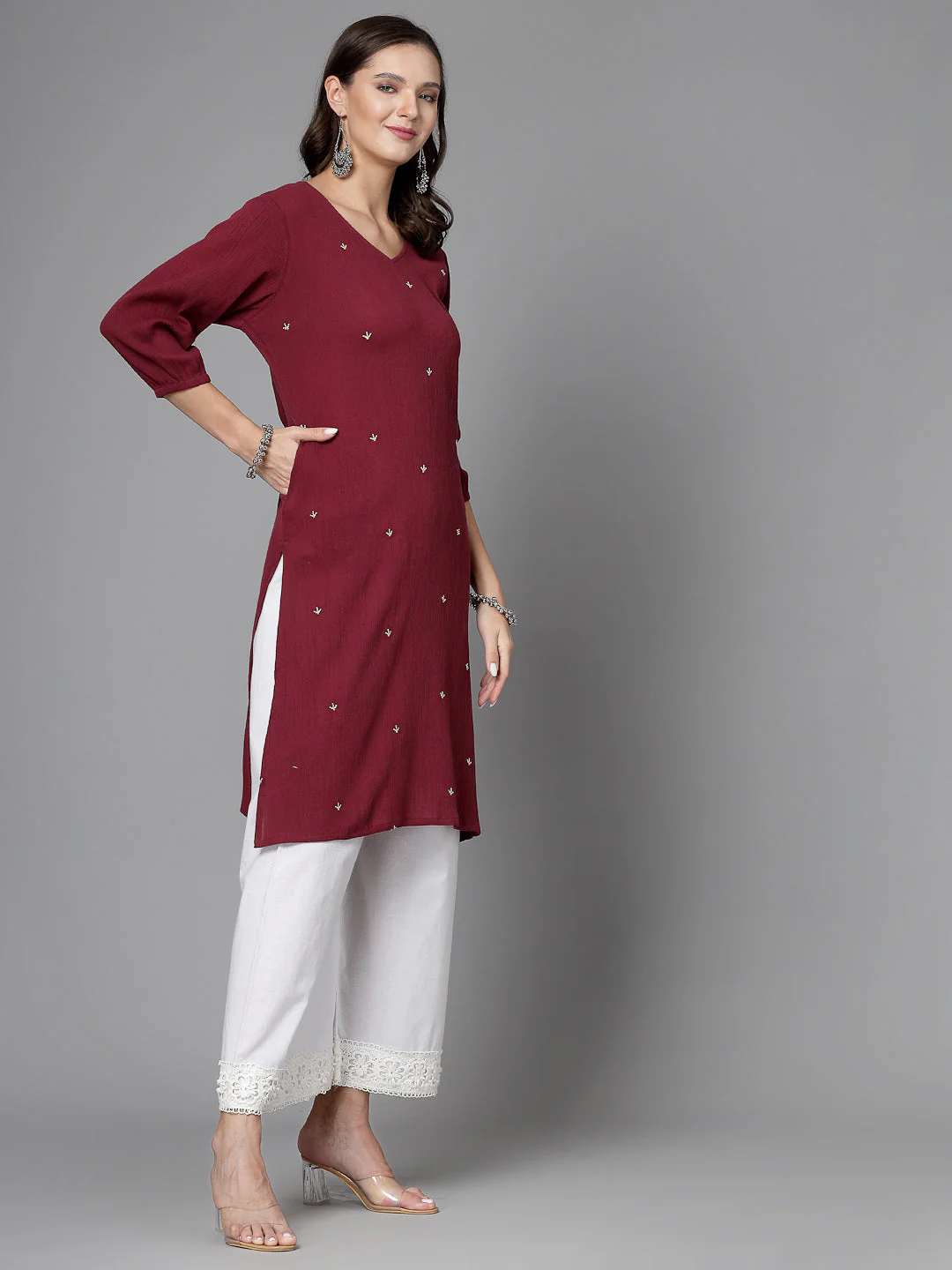 Women Maroon Kurta With Embroidered Front - Image 6
