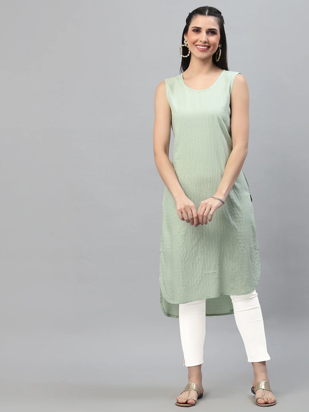 Women Mint Green Checkered High Low Sleeveless Kurta