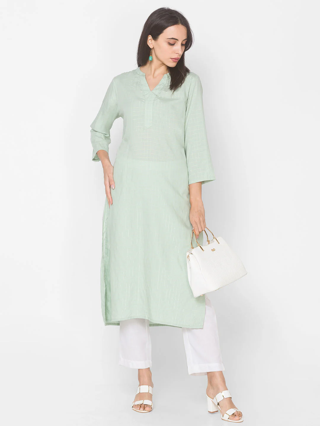 Women Mint Green Checkered Straight Kurta