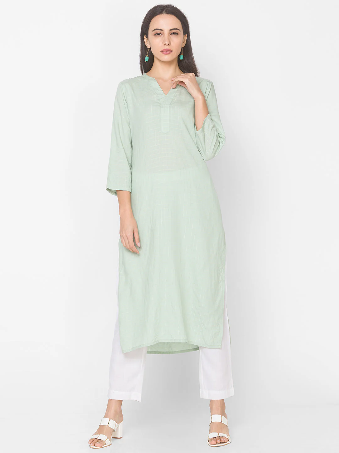 Women Mint Green Checkered Straight Kurta - Image 2
