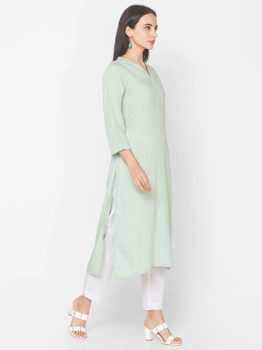 Women Mint Green Checkered Straight Kurta - Image 4