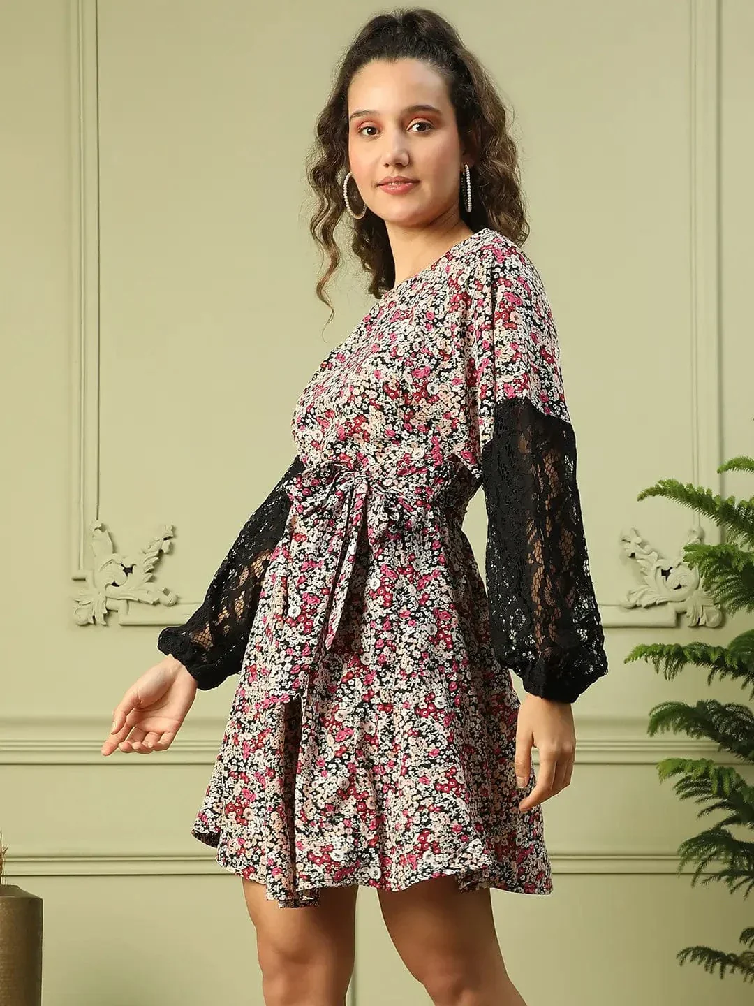 Women Multicolor Floral Print Round Neck Long Sleeve Lace Detailed Above Knee-Length Dress - Image 3