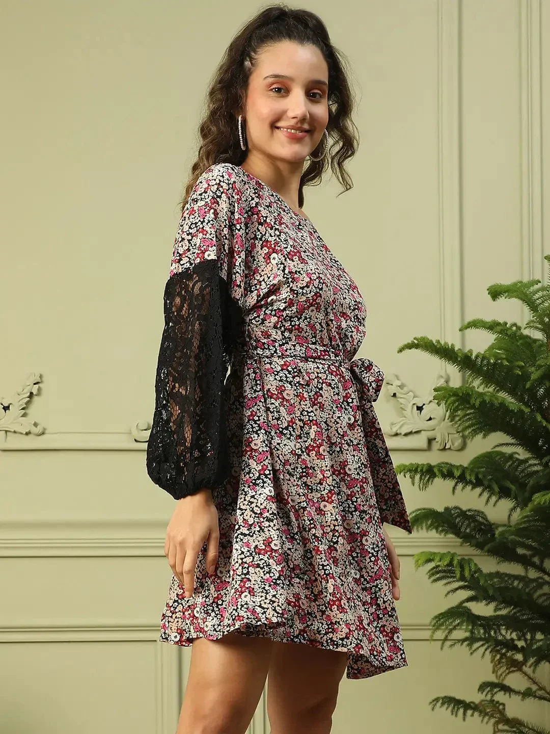 Women Multicolor Floral Print Round Neck Long Sleeve Lace Detailed Above Knee-Length Dress - Image 4