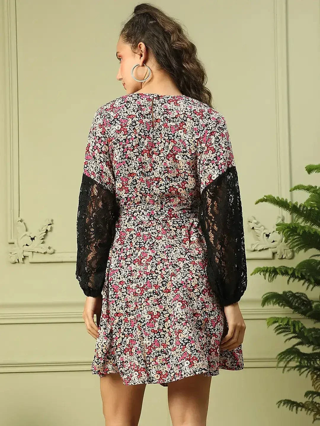 Women Multicolor Floral Print Round Neck Long Sleeve Lace Detailed Above Knee-Length Dress - Image 5