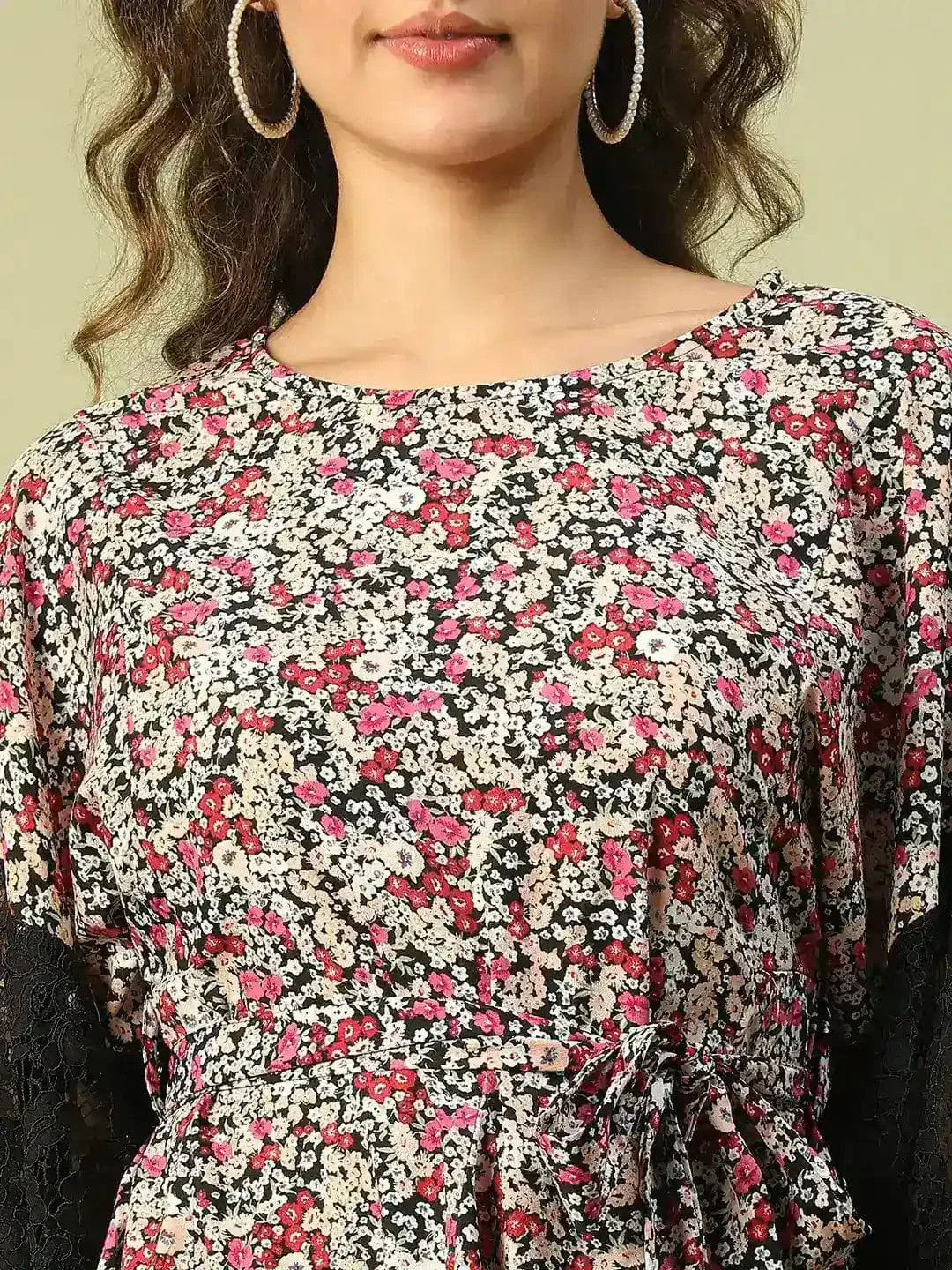 Women Multicolor Floral Print Round Neck Long Sleeve Lace Detailed Above Knee-Length Dress - Image 6
