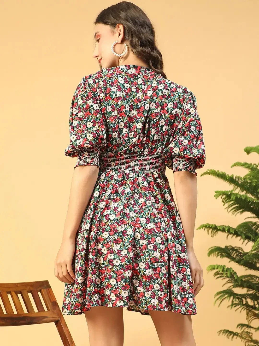 Women Multicolor Floral Print V-Neck Dress with 3/4 Sleeves and Smocked Button-Down Detail - Image 6