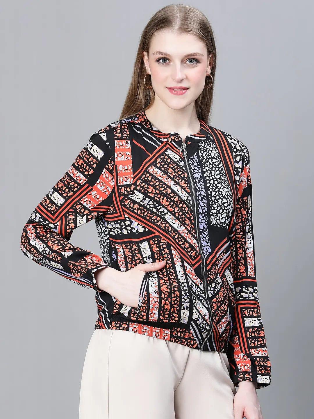 Women Multicolor Printed Round Neck Zipped Long Sleeve Bomber Jacket - Image 4