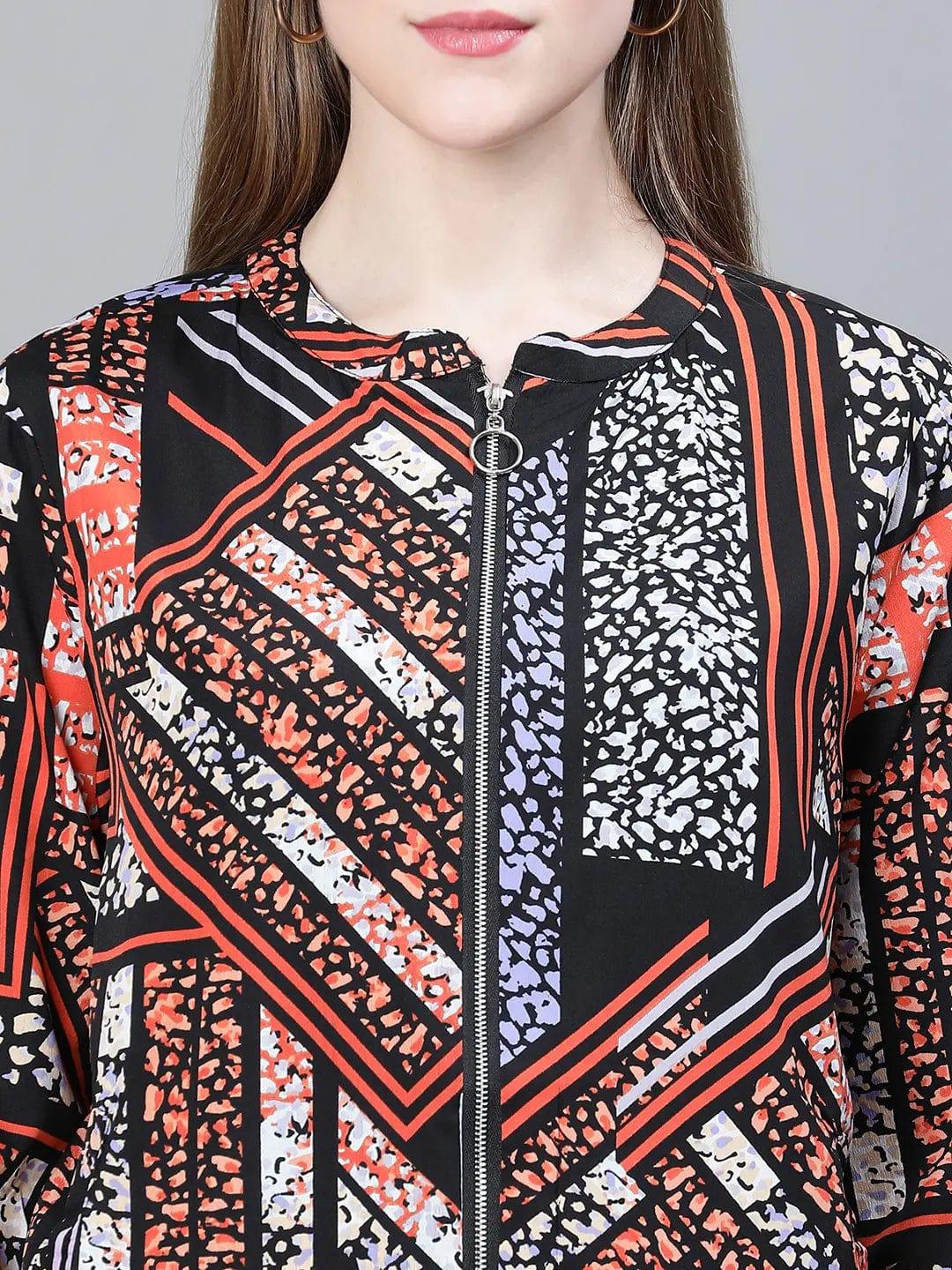 Women Multicolor Printed Round Neck Zipped Long Sleeve Bomber Jacket - Image 6