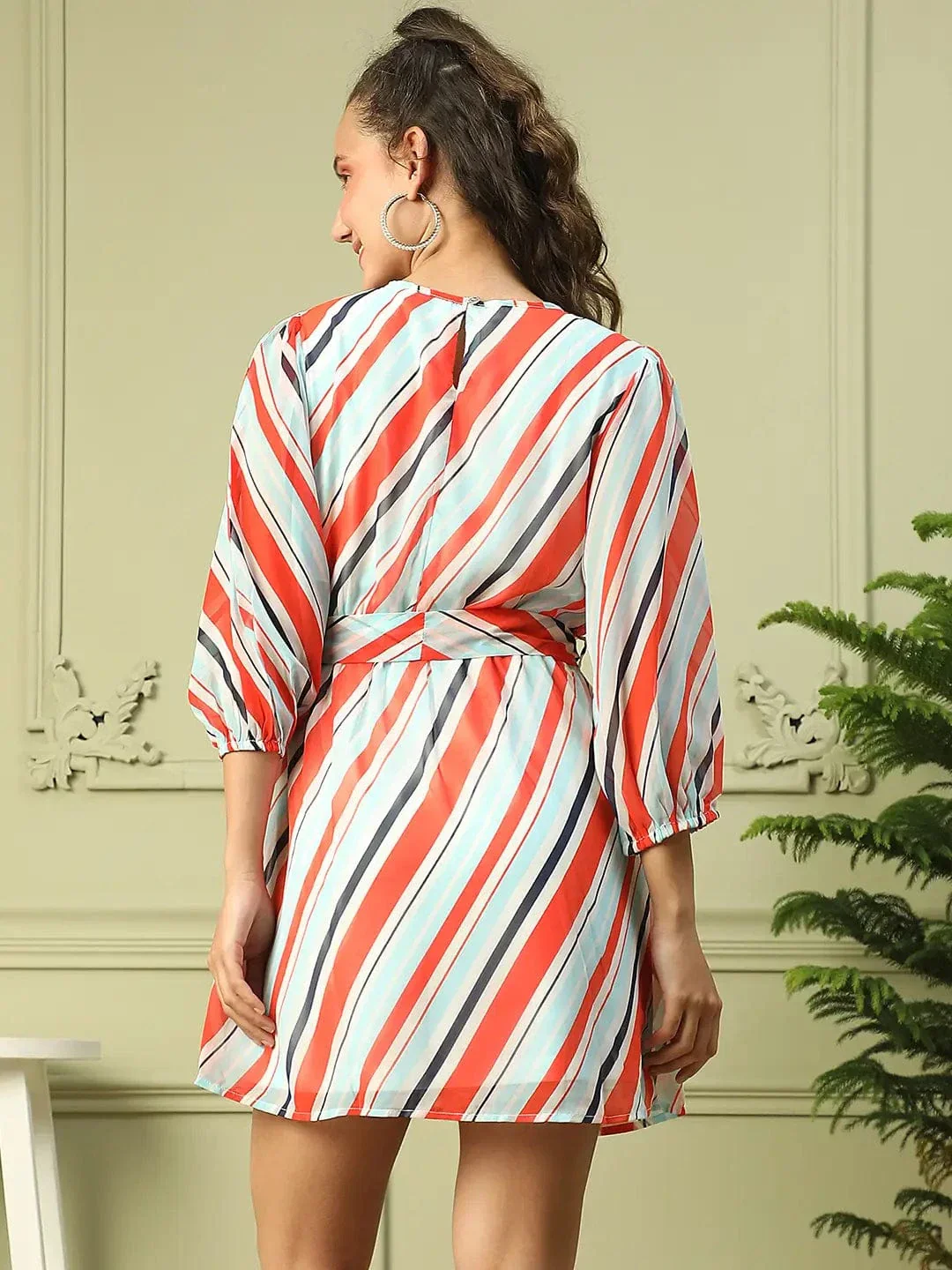 Women Multicolor Round Neck Full Sleeves Stripe Print Above Knee- Length Dress With Tie-Knot Belt - Image 5