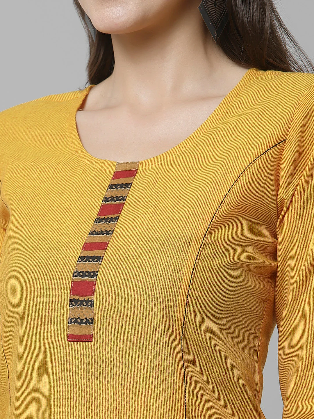 Women Mustard Cotton Striped Kurta - Image 5