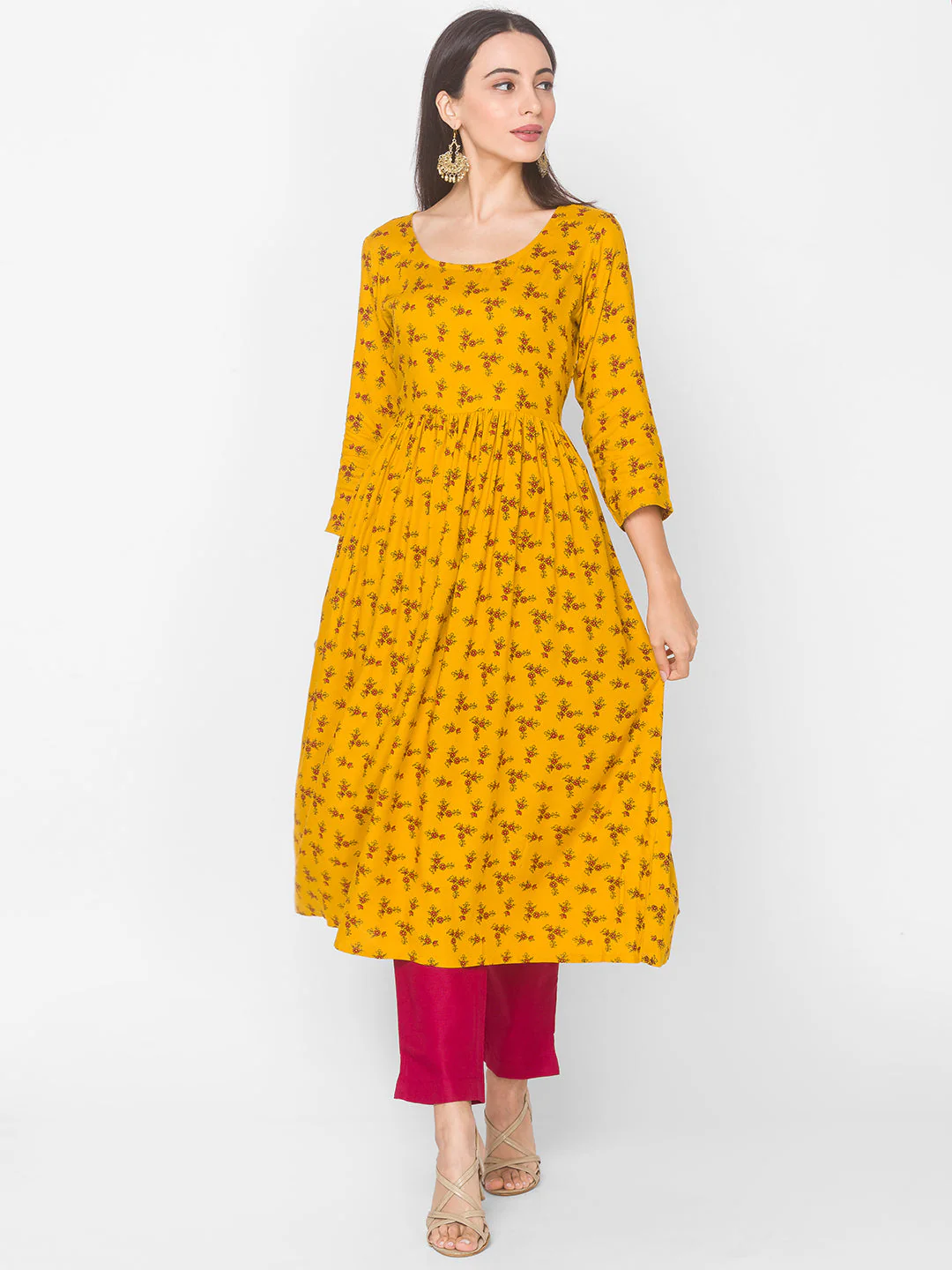 Women Mustard Floral Anarkali Kurta