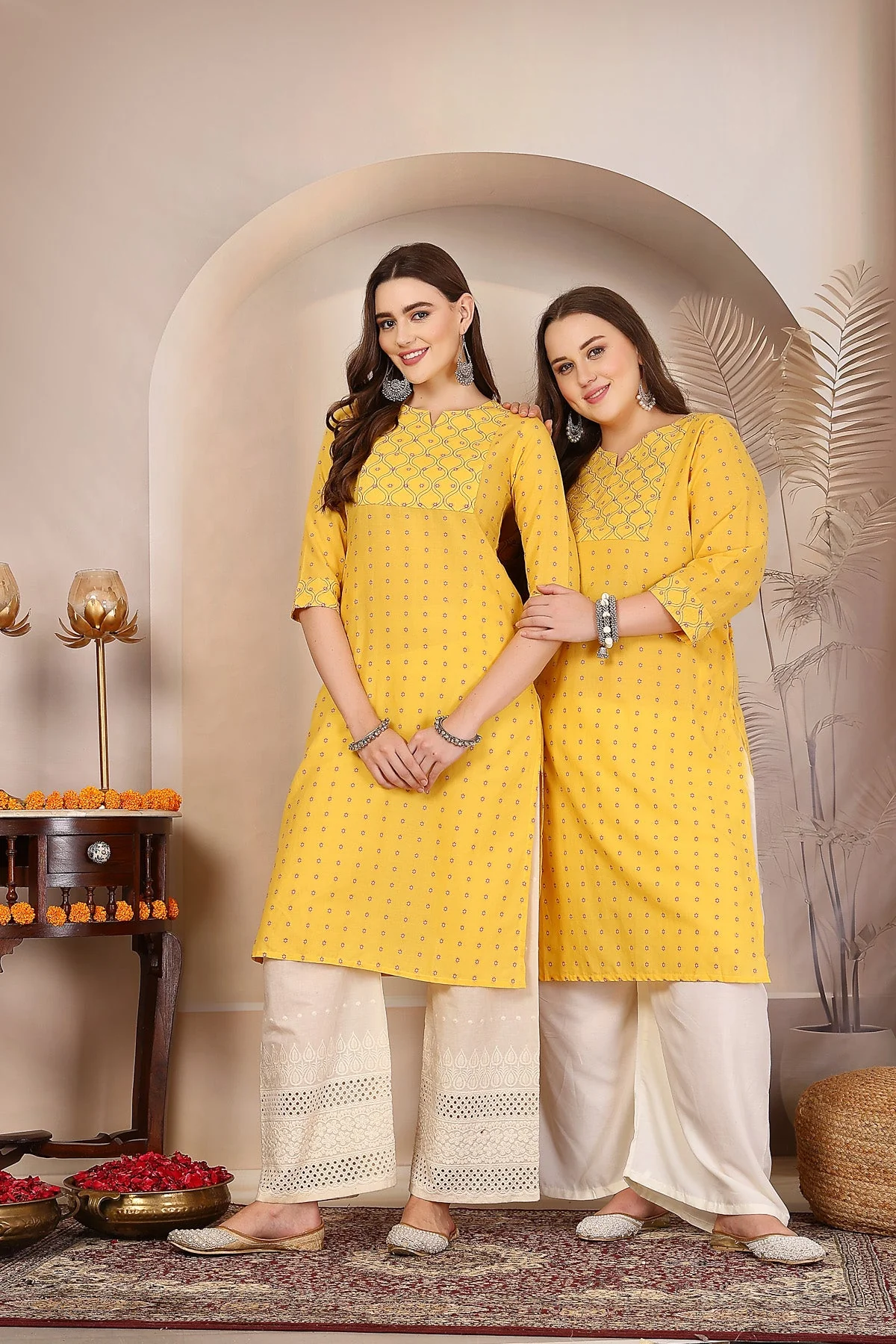 Women Mustard Kurta With Embroidered Yoke