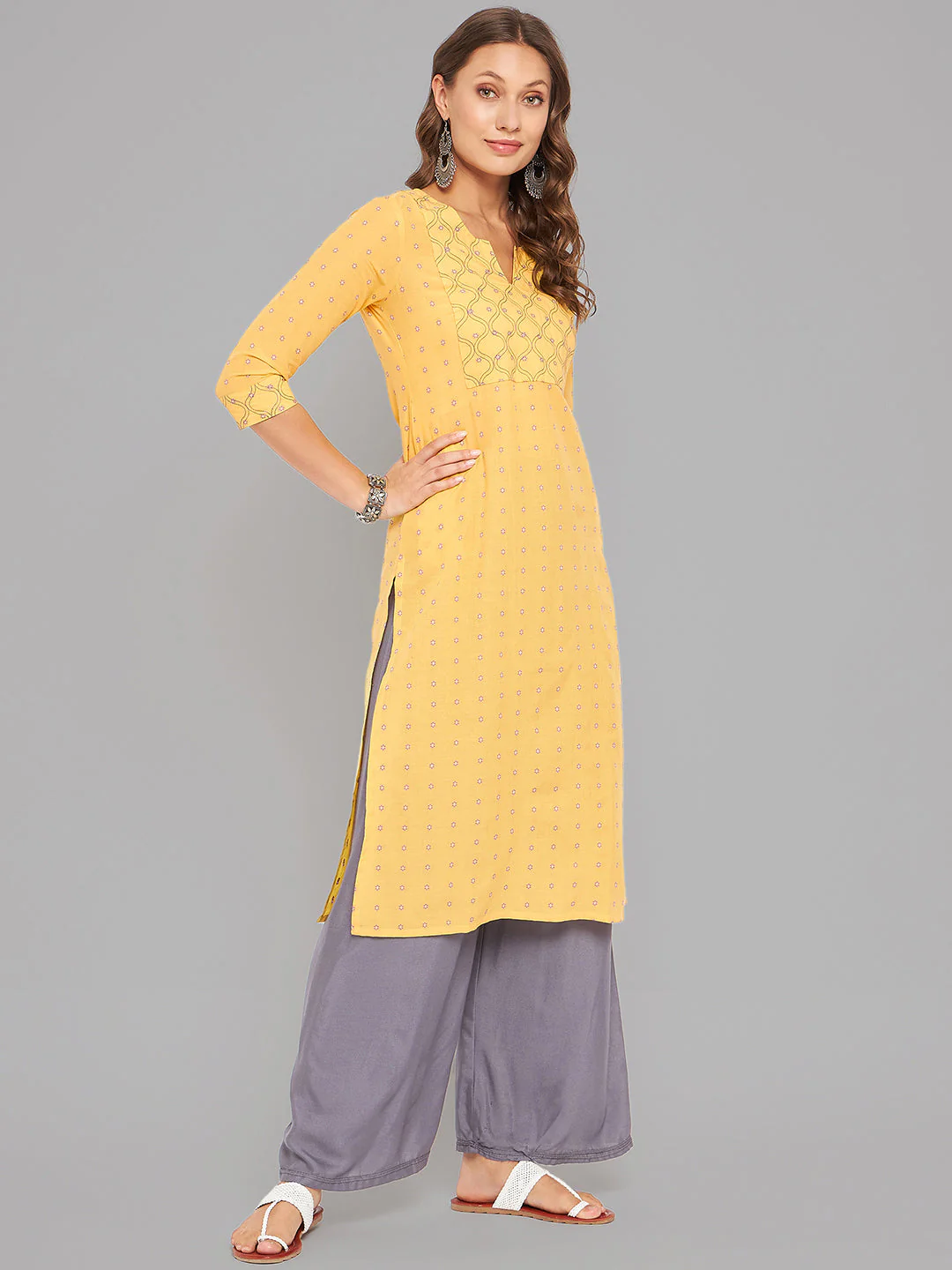 Women Mustard Kurta With Embroidered Yoke - Image 5