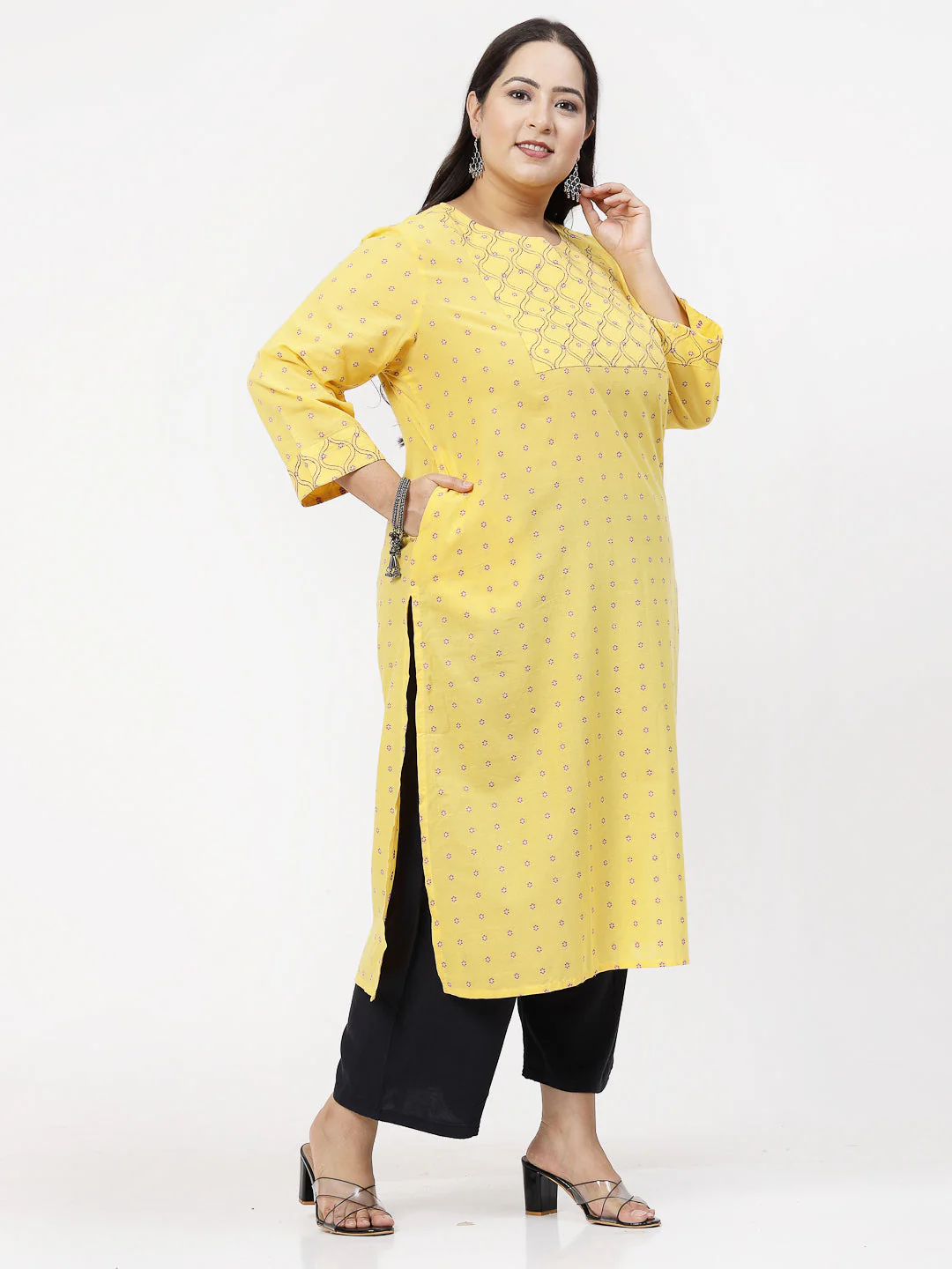 Women Mustard Kurta With Embroidered Yoke - Image 9