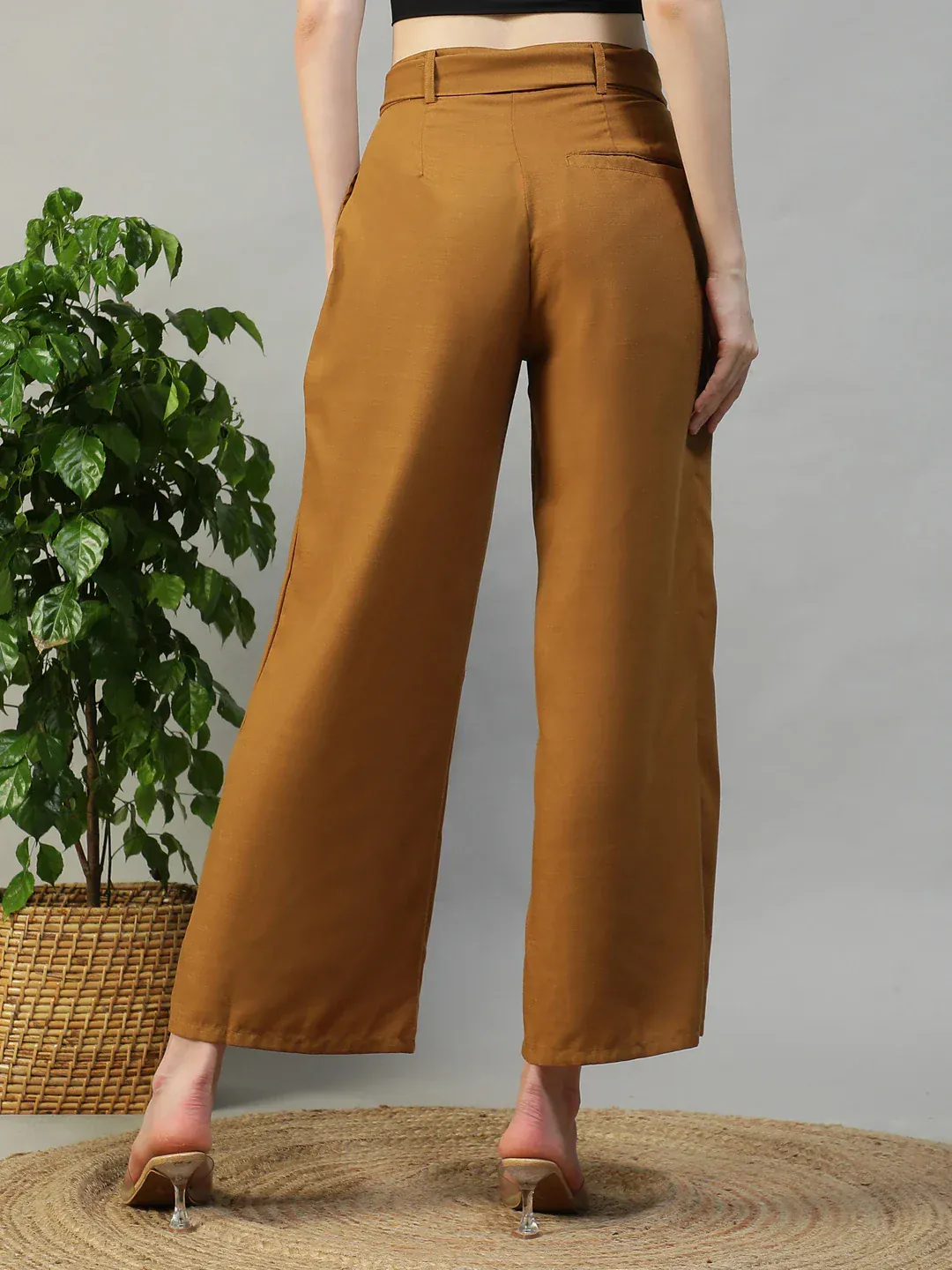 Women Mustard Straight Pants with Tie-Up Belt & Utility Pockets - Image 6