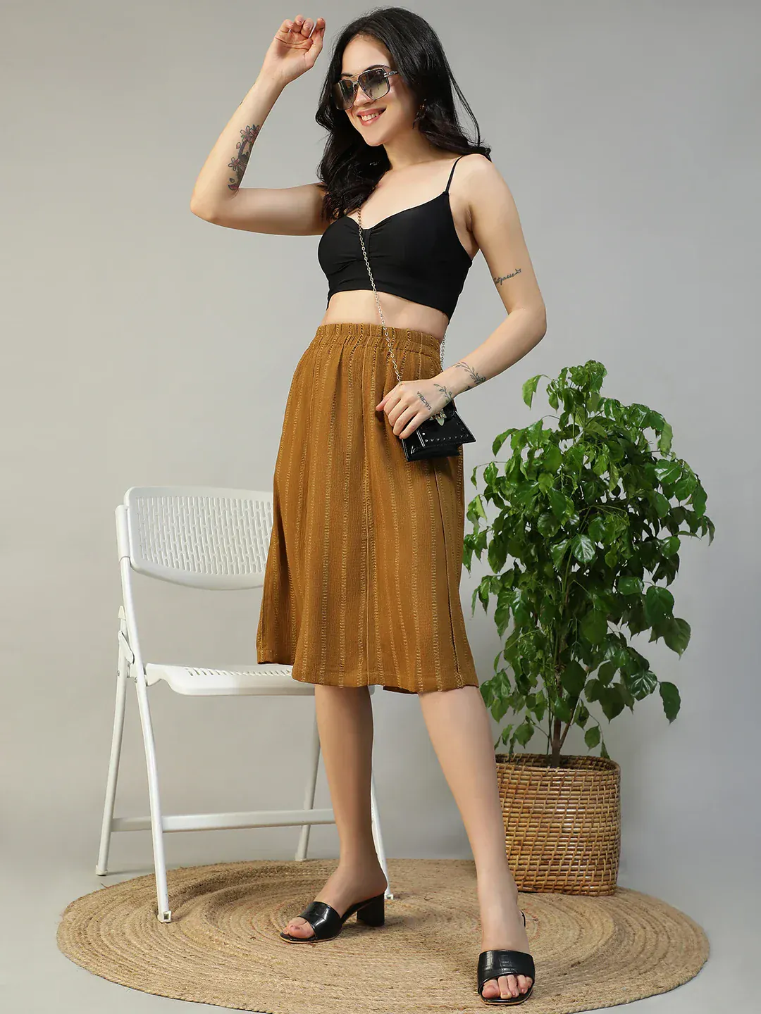 Women Mustard Stripe Knee-Length Skirt with Elastic Waist - Image 7