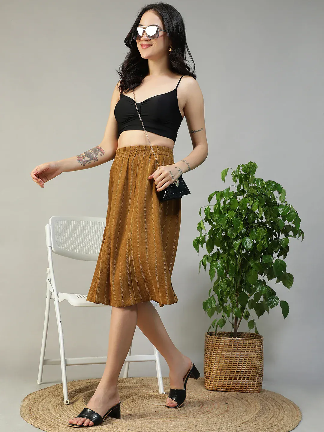 Women Mustard Stripe Knee-Length Skirt with Elastic Waist - Image 8