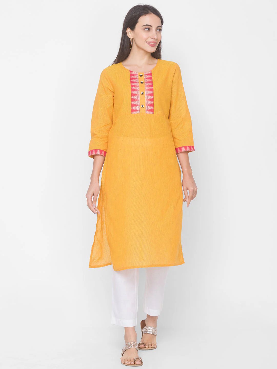 Women Mustard Yoke Design Kurta