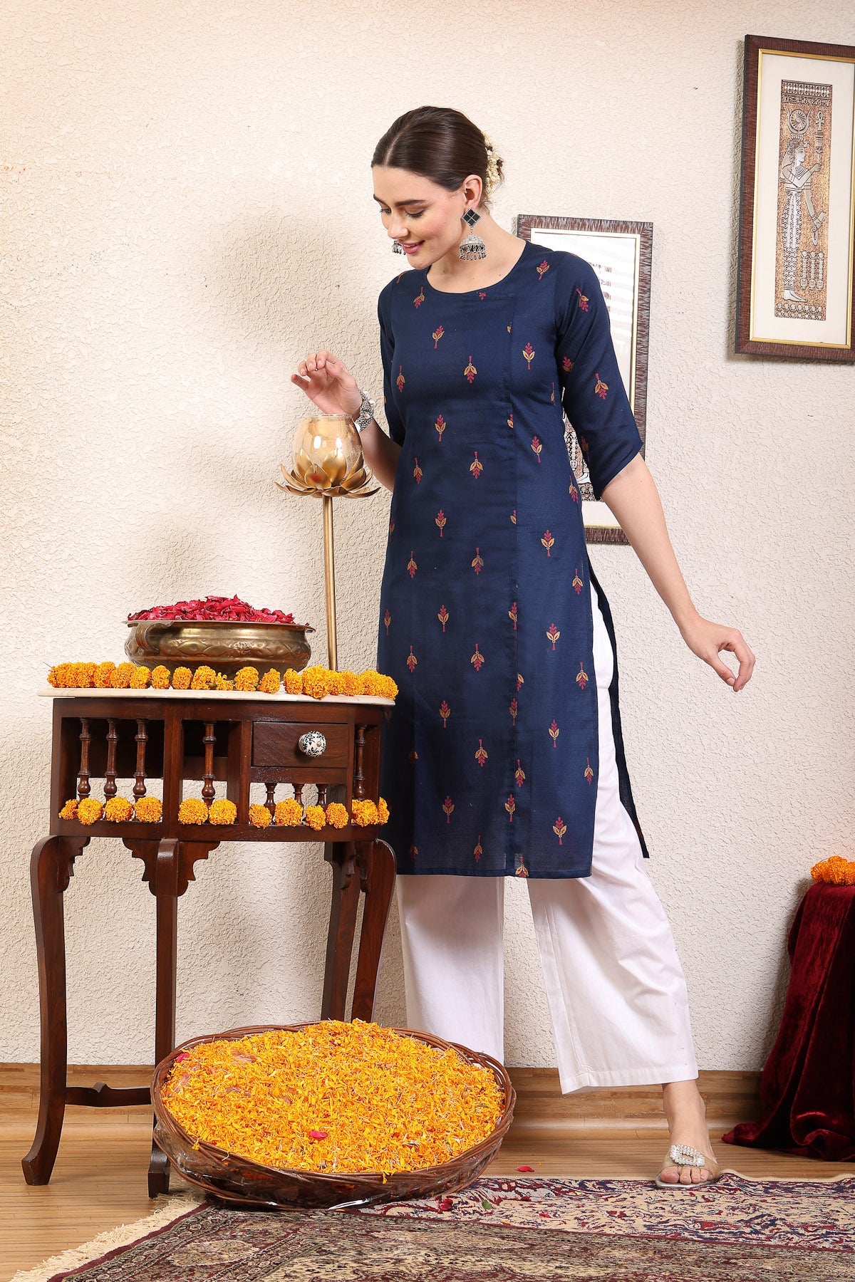 Women Navy Blue Ethnic Motifs Cotton Calf Length Kurta - Image 2