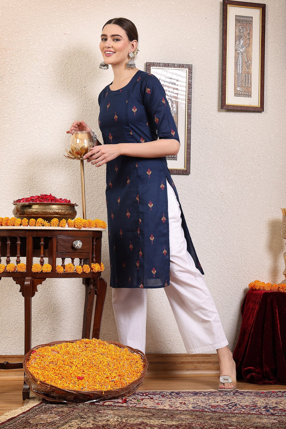 Women Navy Blue Ethnic Motifs Cotton Calf Length Kurta - Image 5