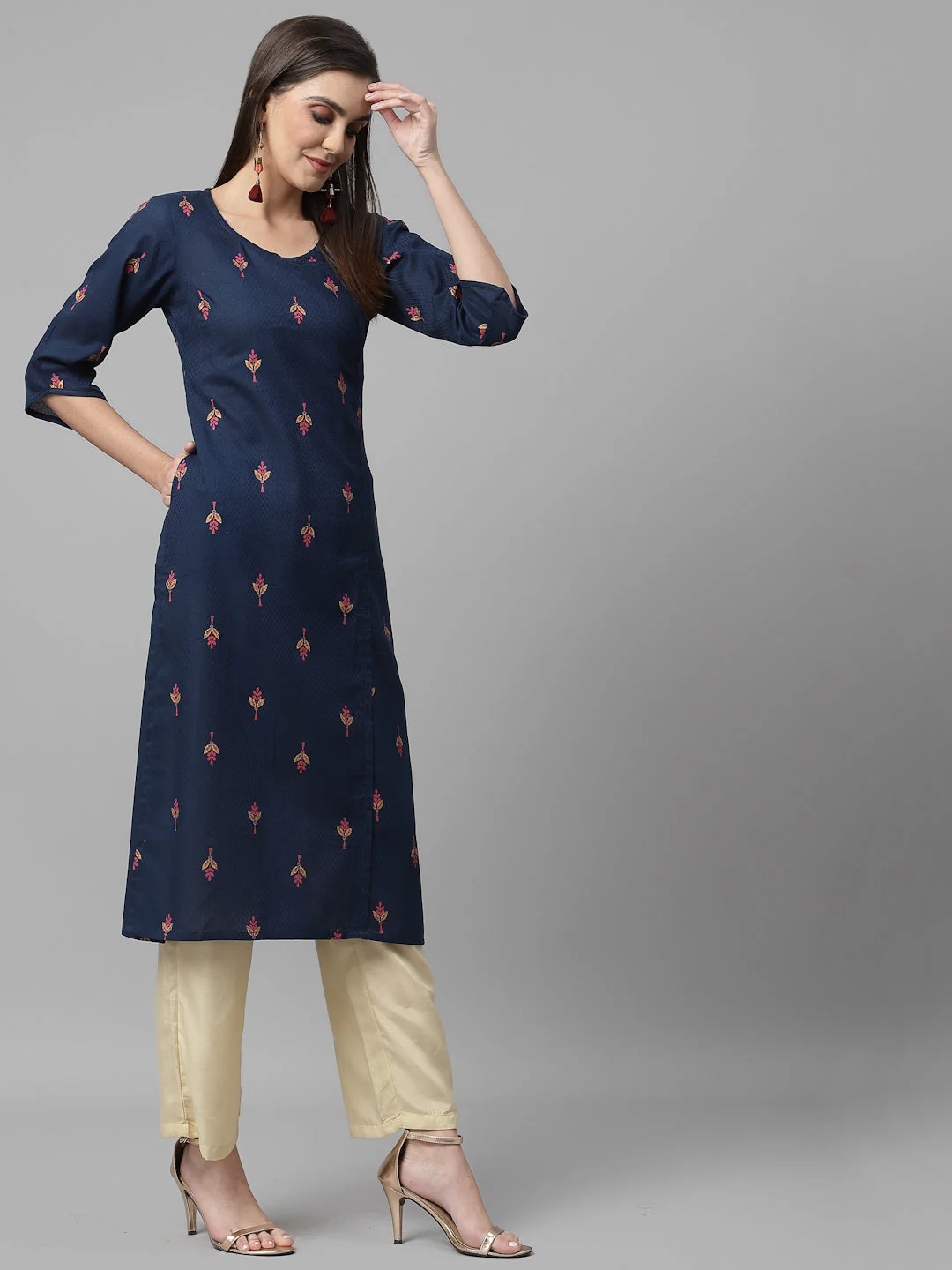 Women Navy Blue Ethnic Motifs Cotton Calf Length Kurta - Image 8