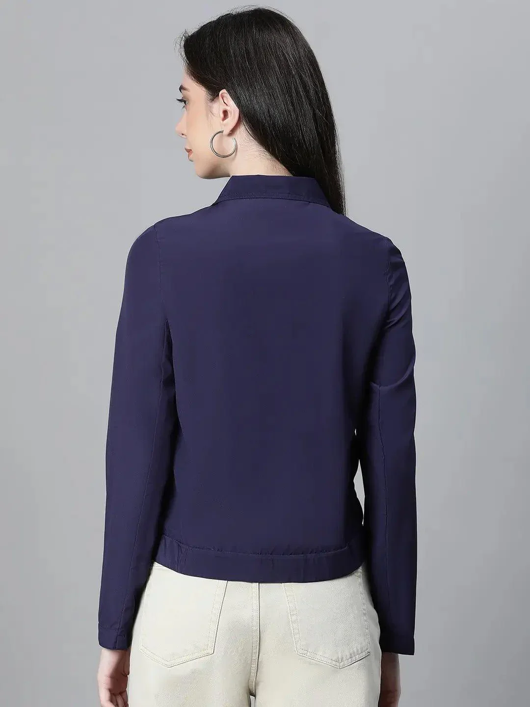 Women Navy Blue Open Collared Zip Lined Long Sleeve Bomber Jacket - Image 5
