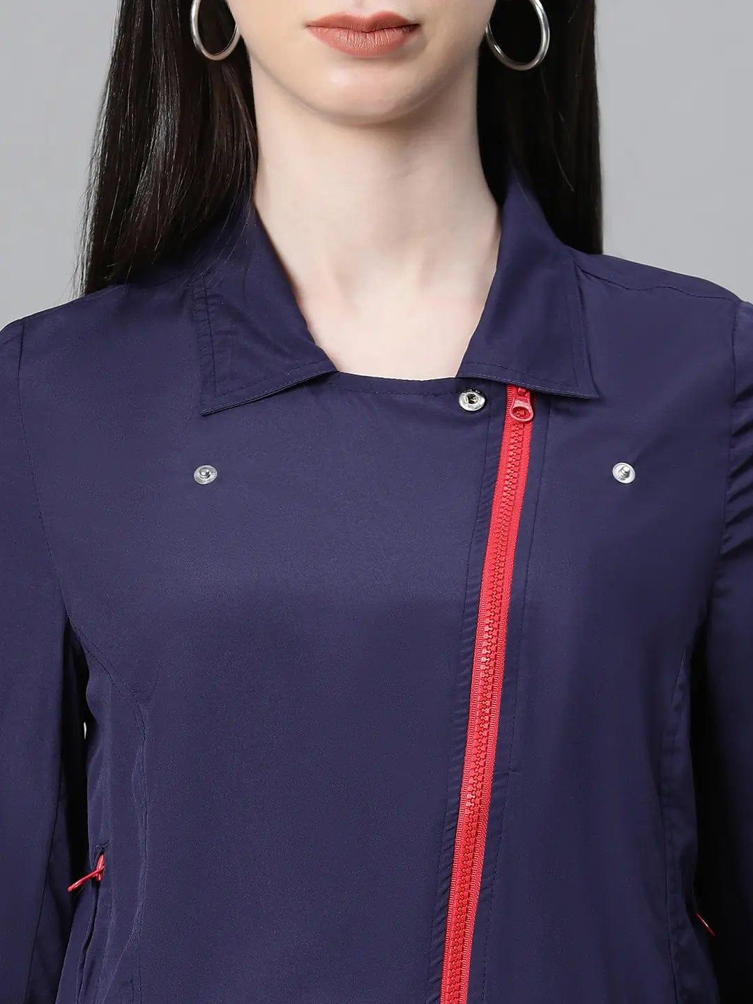 Women Navy Blue Open Collared Zip Lined Long Sleeve Bomber Jacket - Image 6