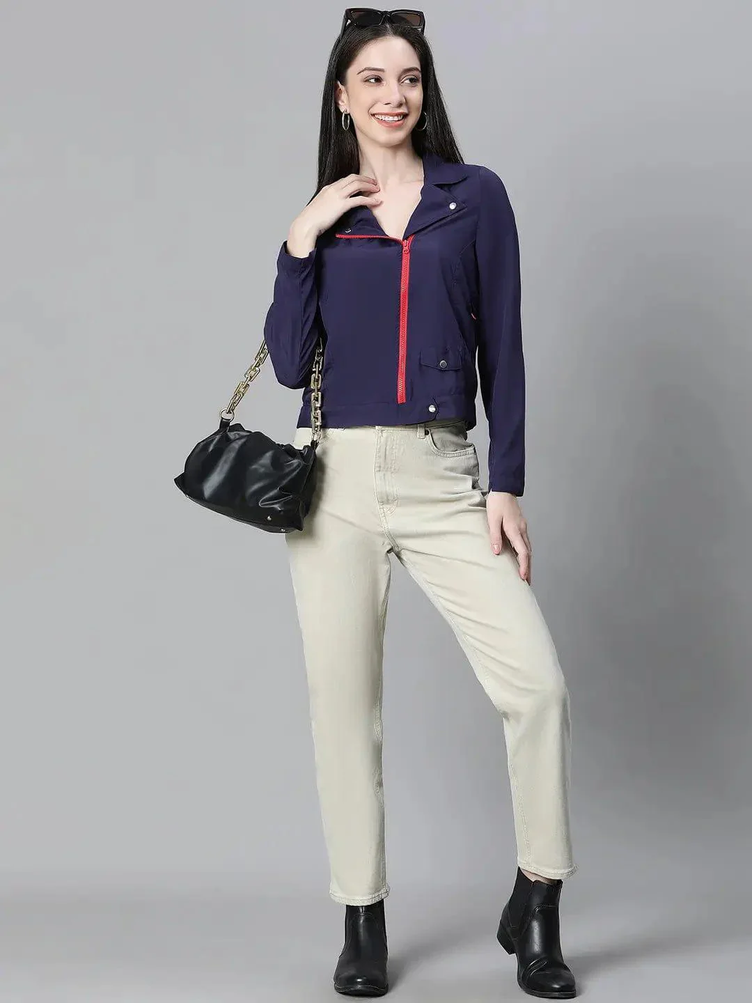 Women Navy Blue Open Collared Zip Lined Long Sleeve Bomber Jacket - Image 7