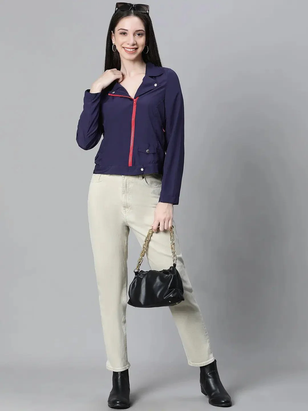 Women Navy Blue Open Collared Zip Lined Long Sleeve Bomber Jacket - Image 8