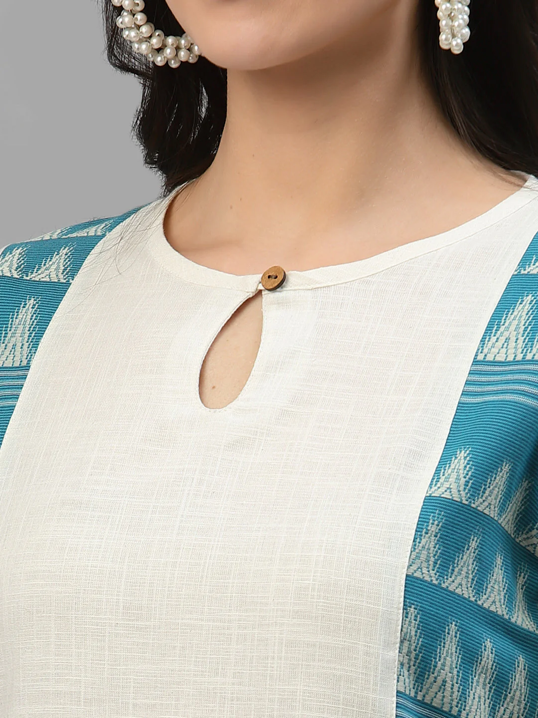 Women Off White & Blue Linen Jacquard Kurta - Image 5