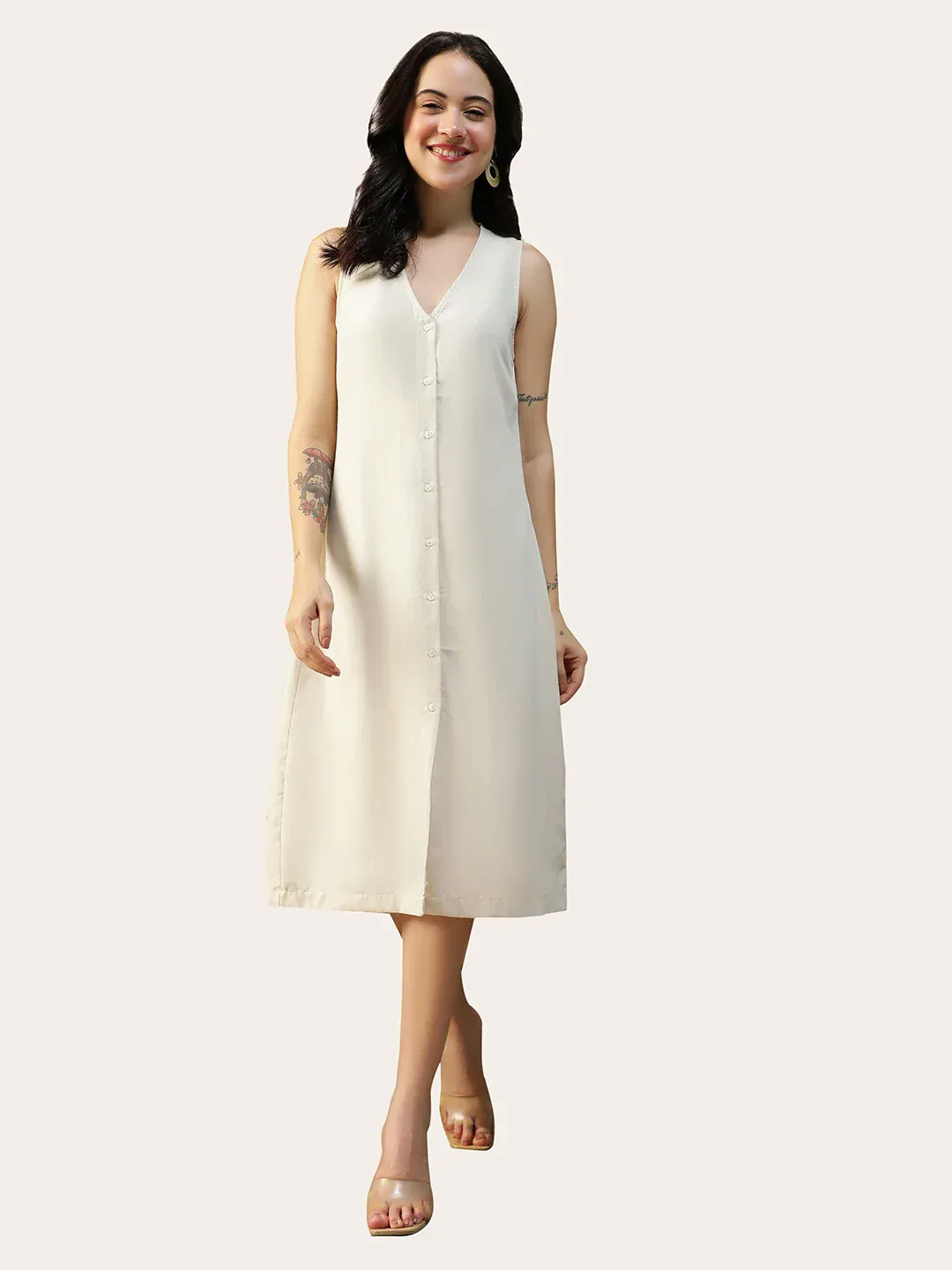 Women Off-White Sleeveless Button Down Cotton Linen Knee-Length Dress
