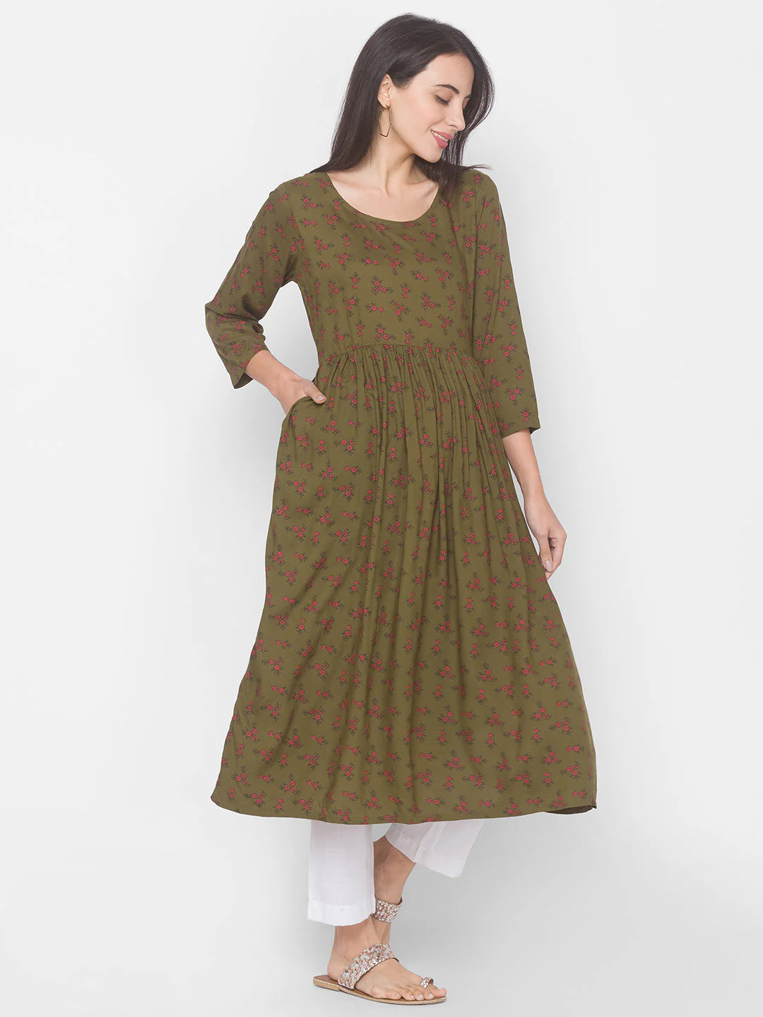 Women Olive Floral Anarkali Kurta - Image 2