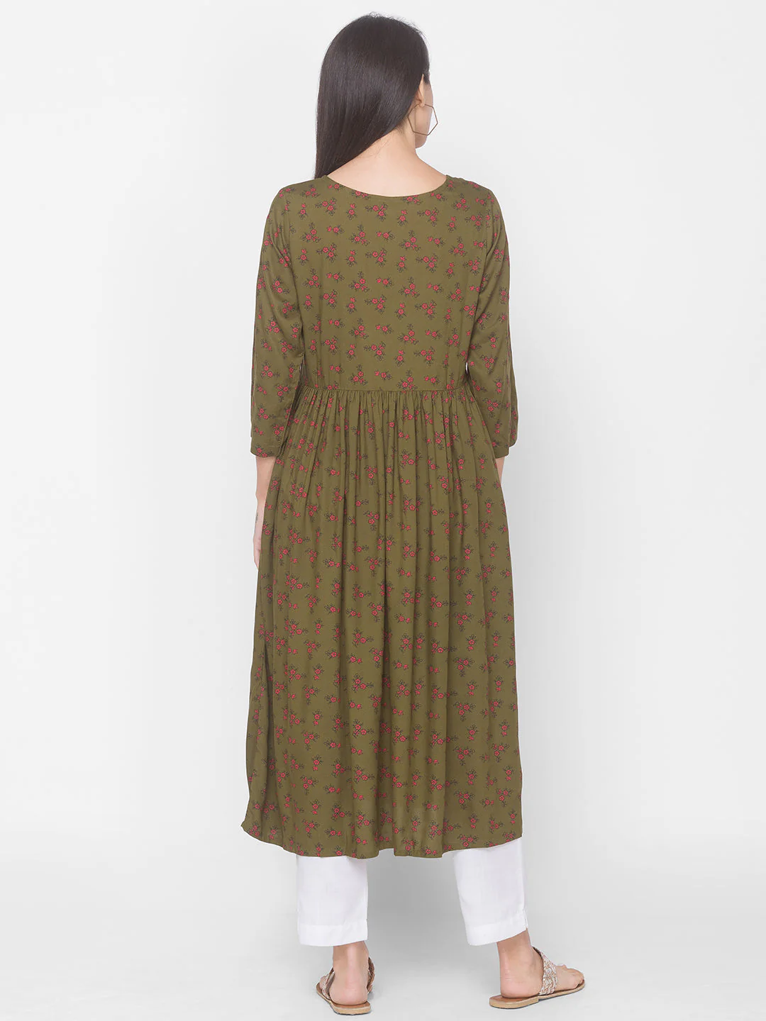 Women Olive Floral Anarkali Kurta - Image 3