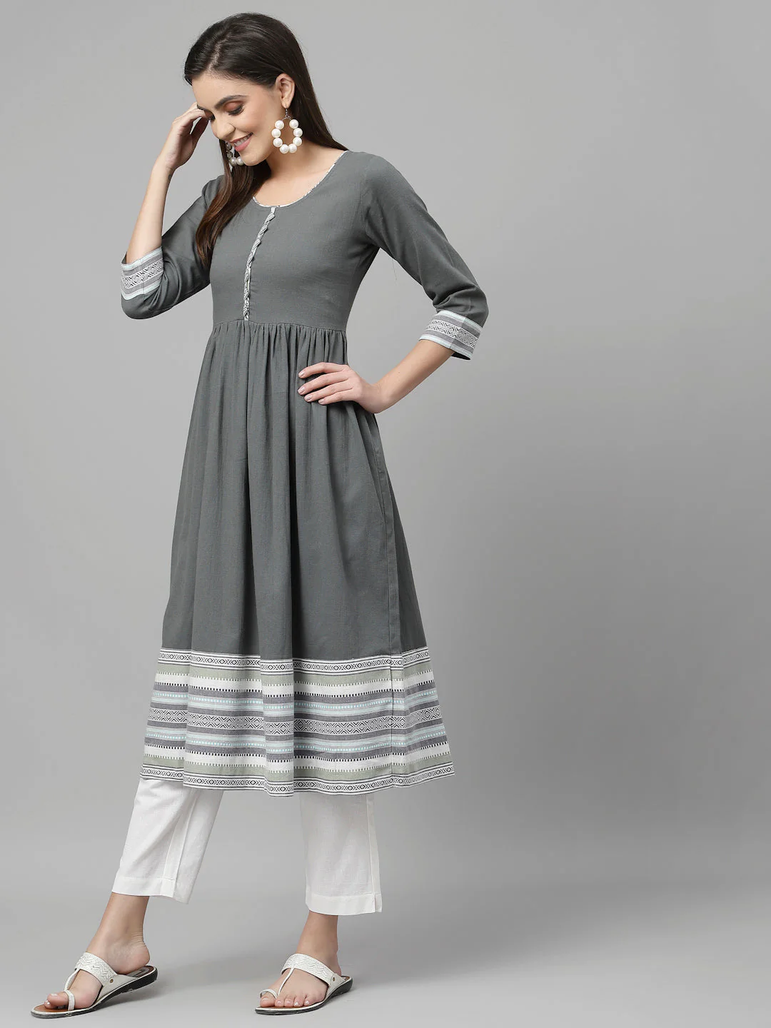 Women Olive South Cotton Anarkali Kurta - Image 2