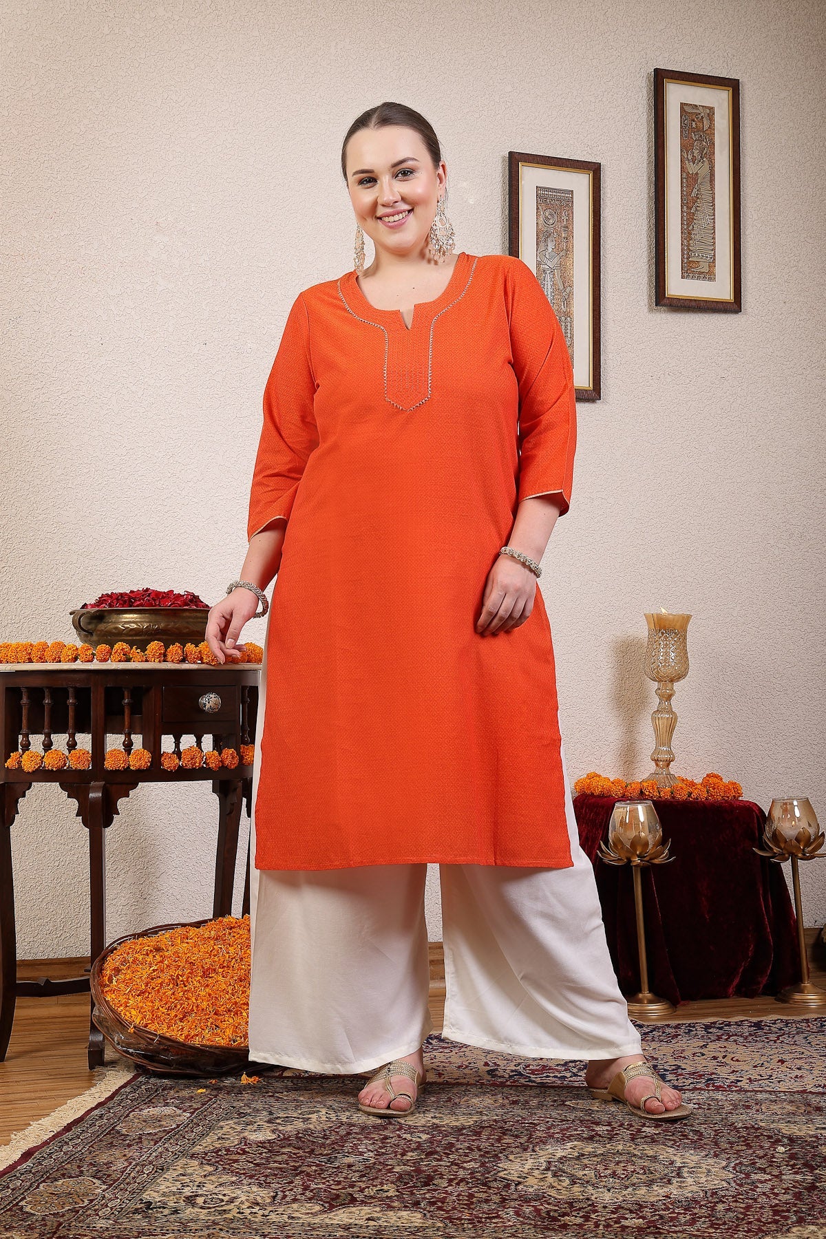 Women Orange Festive Kurta With Lace - Image 7