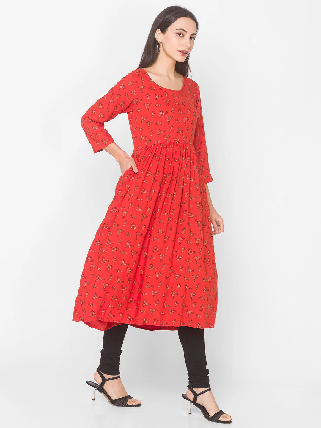 Women Orange Floral Anarkali Kurta - Image 2