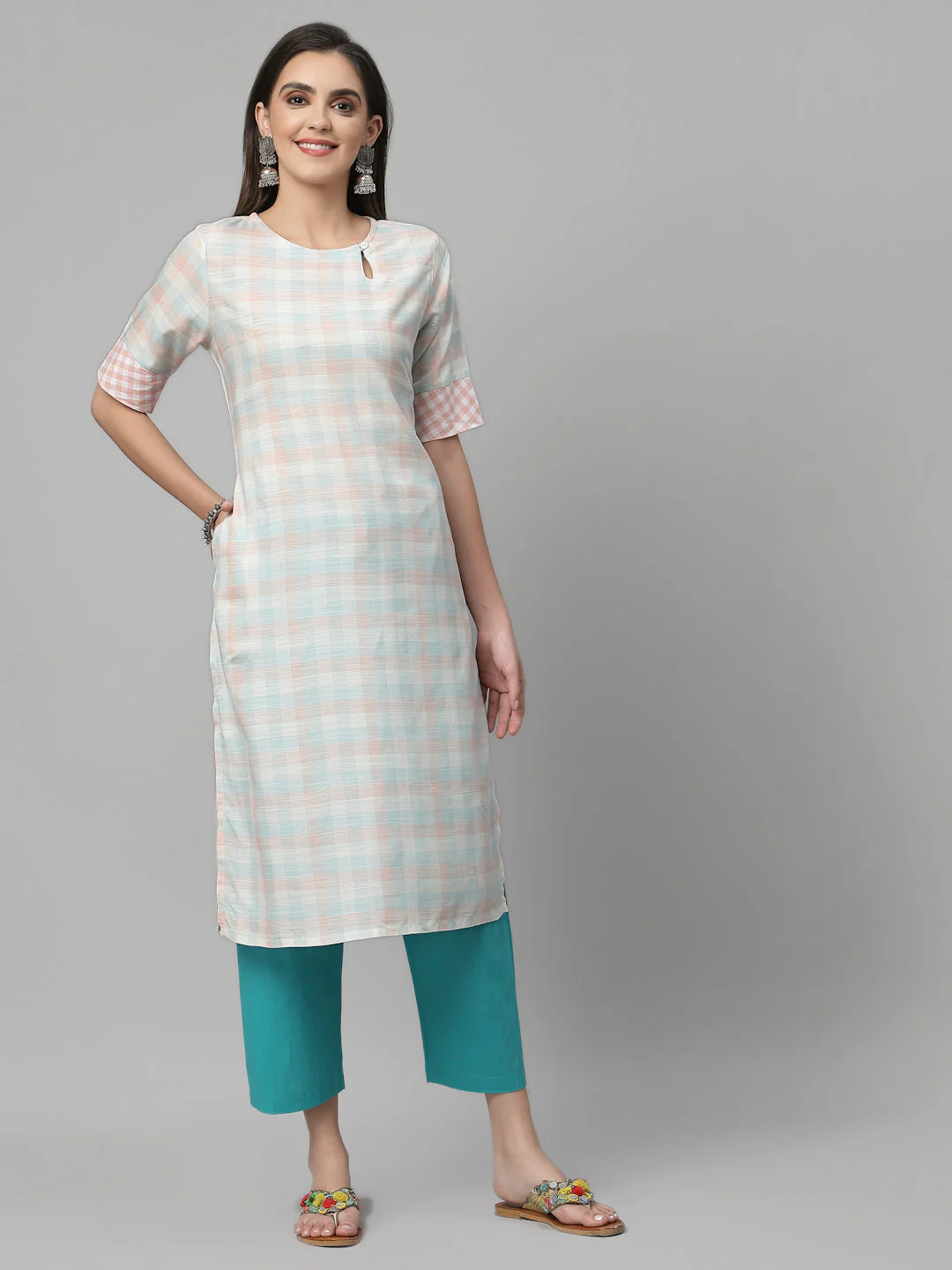 Women Pastel Checked Keyhole Neck Straight Kurta - Image 2