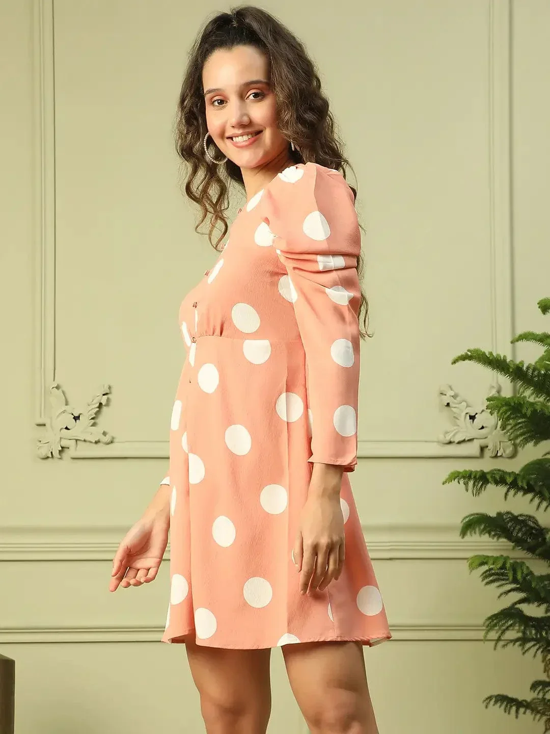 Women Peach Polka Dot Print Long Sleeve Round Neck Gathered Detail Above Knee Length Dress - Image 3