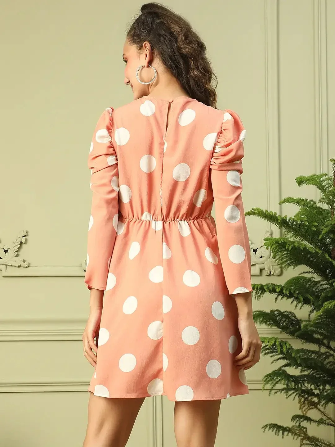 Women Peach Polka Dot Print Long Sleeve Round Neck Gathered Detail Above Knee Length Dress - Image 5
