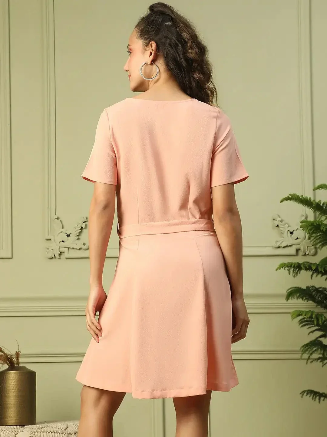 Women Peach Round Neck Short Sleeve Button Down Dress With Pocket Detail and Tie Knot Waist Belt - Image 5