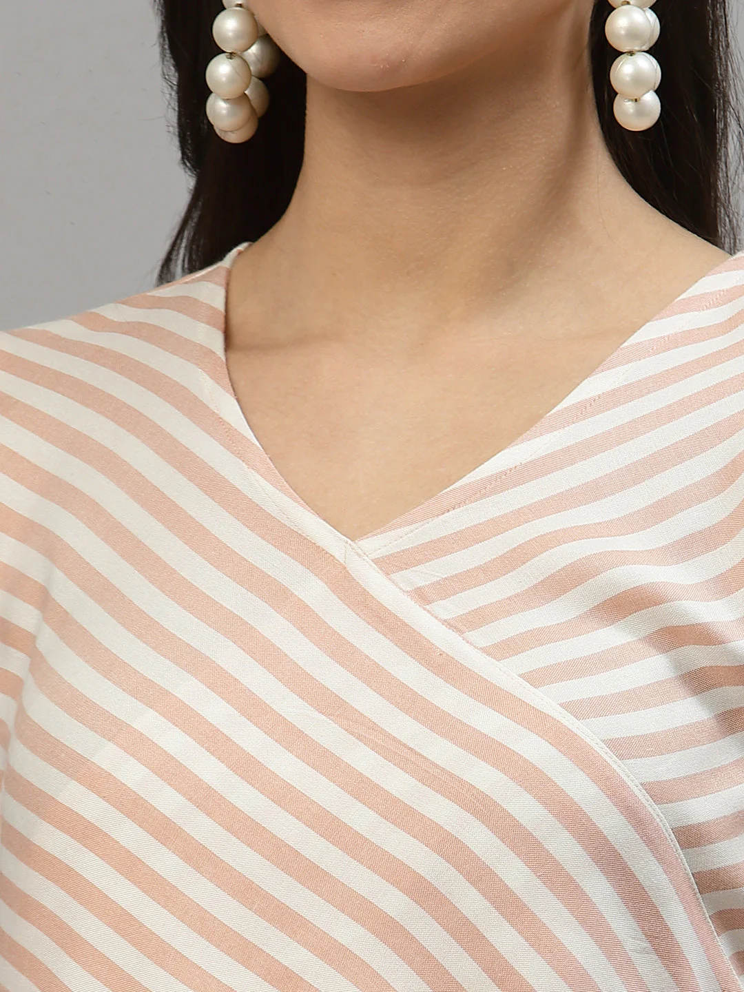 Women Peach & White Striped Angrakha Kurta - Image 4