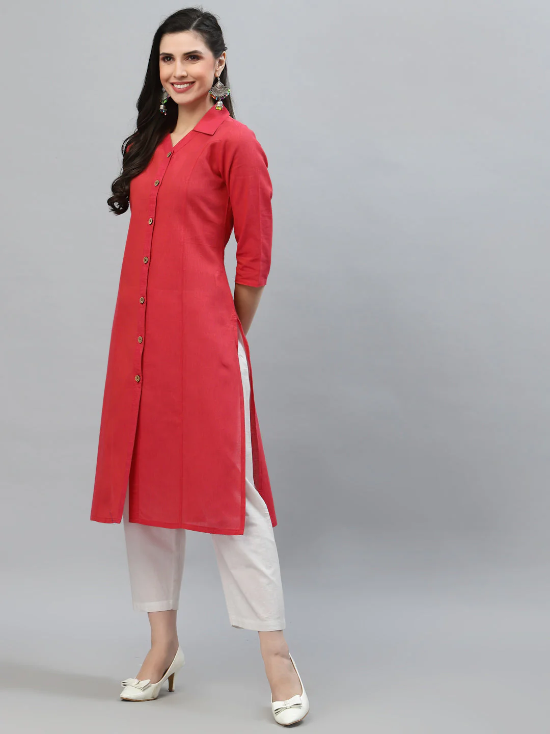 Women Pink Collar Neck Straight Kurta - Image 3
