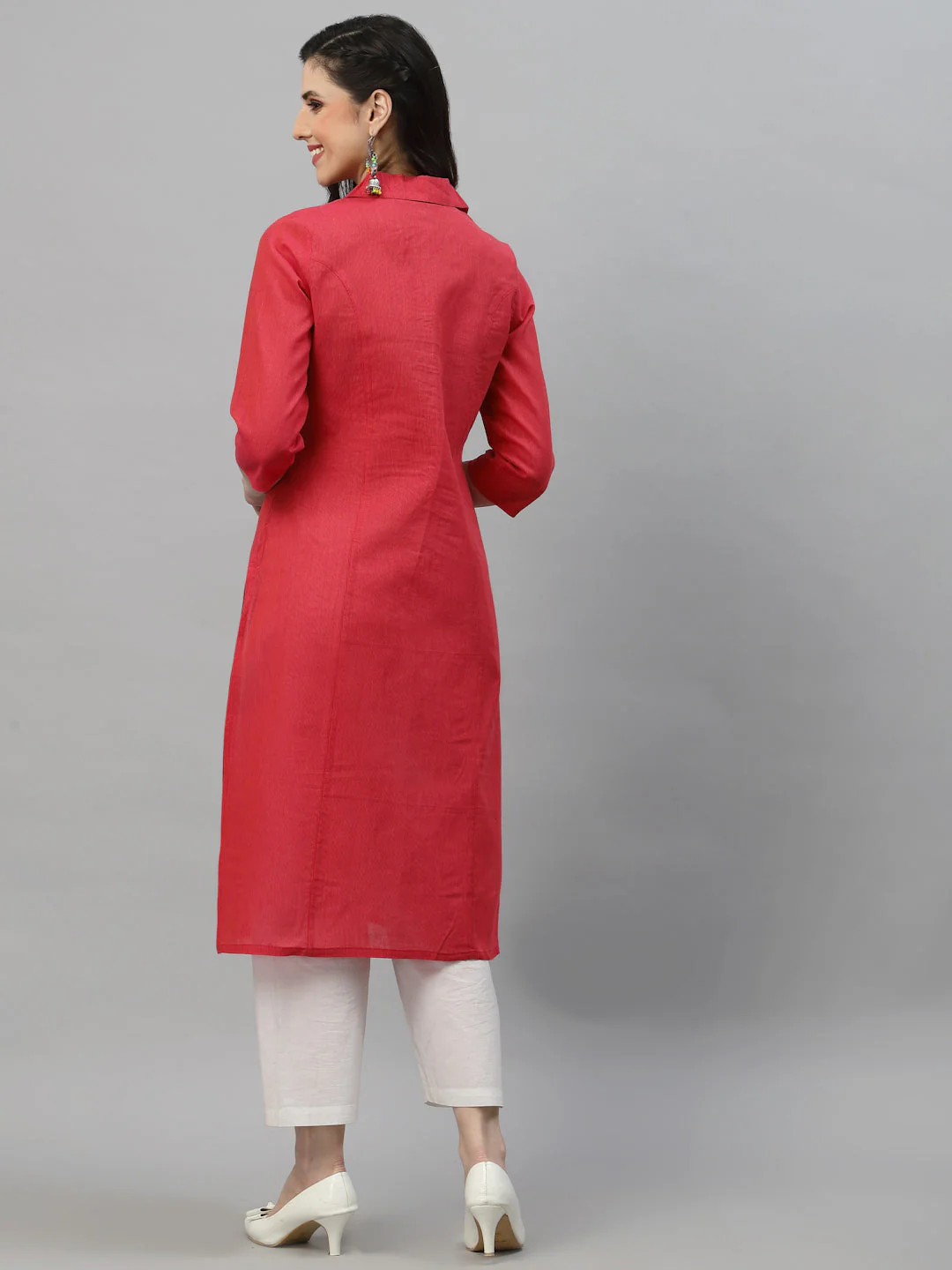 Women Pink Collar Neck Straight Kurta - Image 4