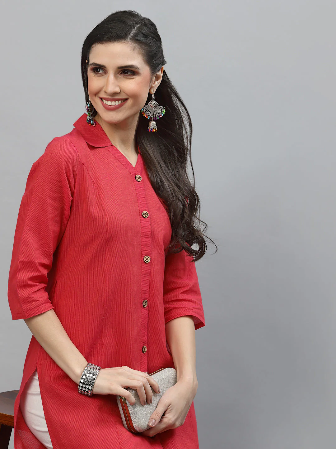 Women Pink Collar Neck Straight Kurta - Image 5