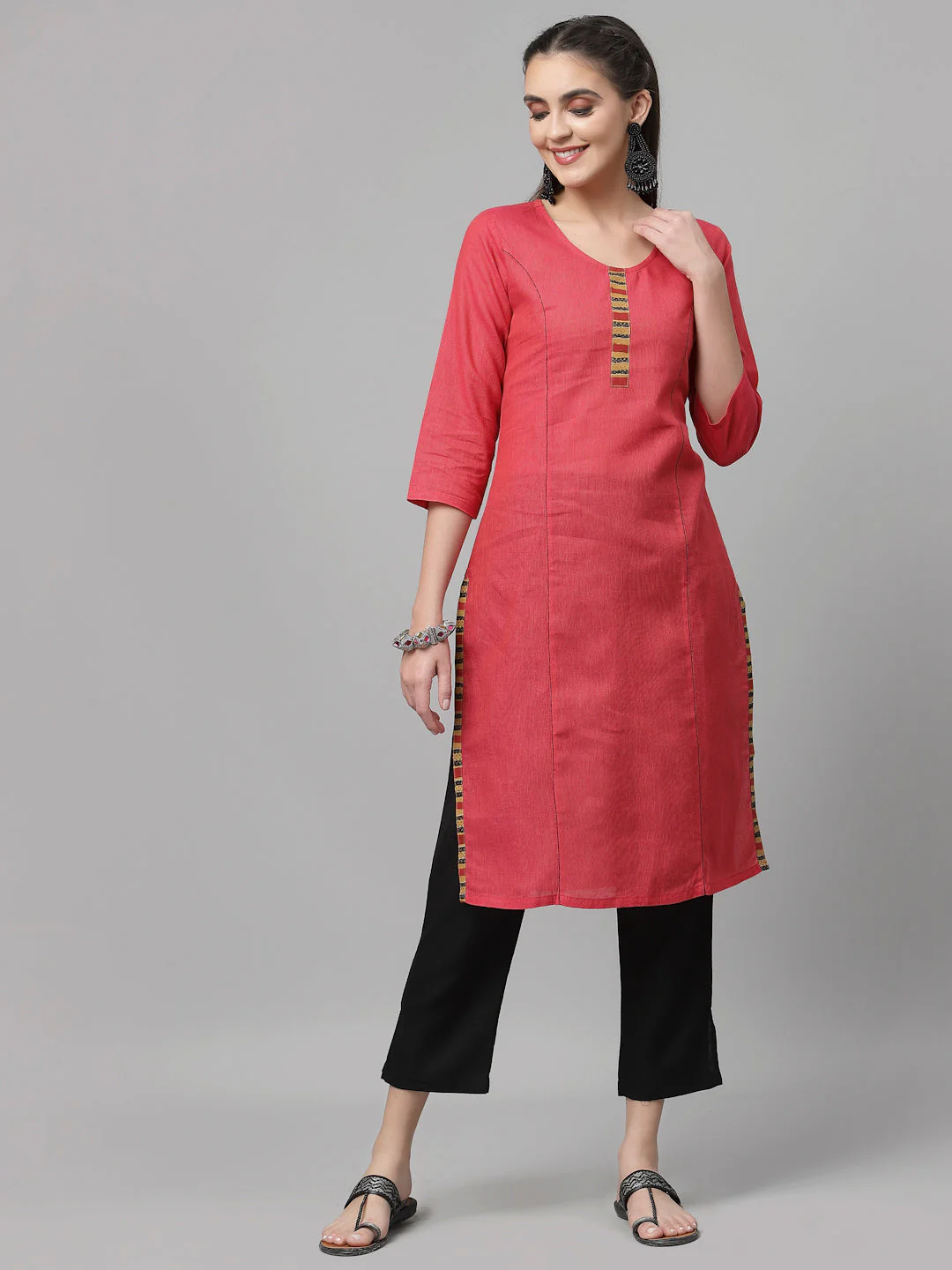 Women Pink Cotton Striped Kurta - Image 4
