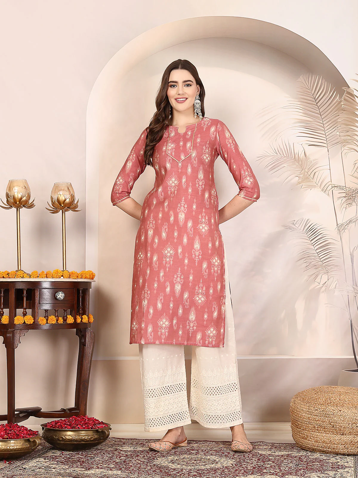 Women Pink Ethnic Motifs Printed Gotta Patti Kurta - Image 2