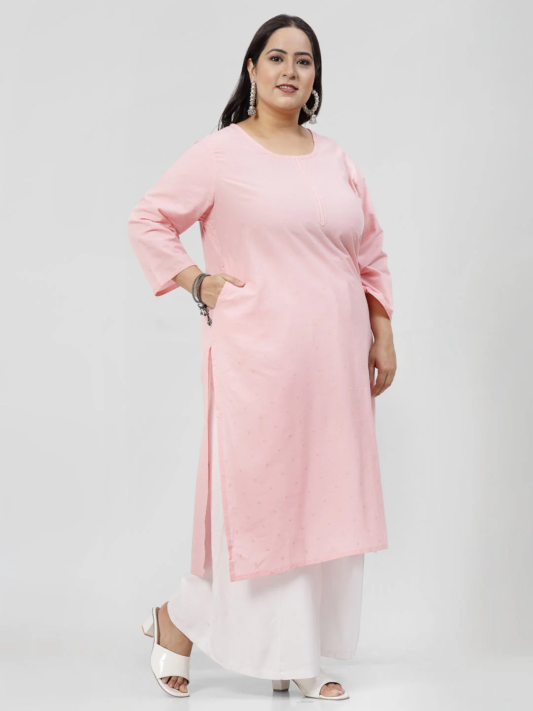 Women Pink Plus Size Swiss-Dot Kurta With Lace - Image 4
