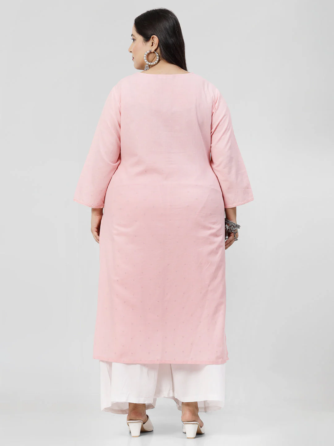 Women Pink Plus Size Swiss-Dot Kurta With Lace - Image 5