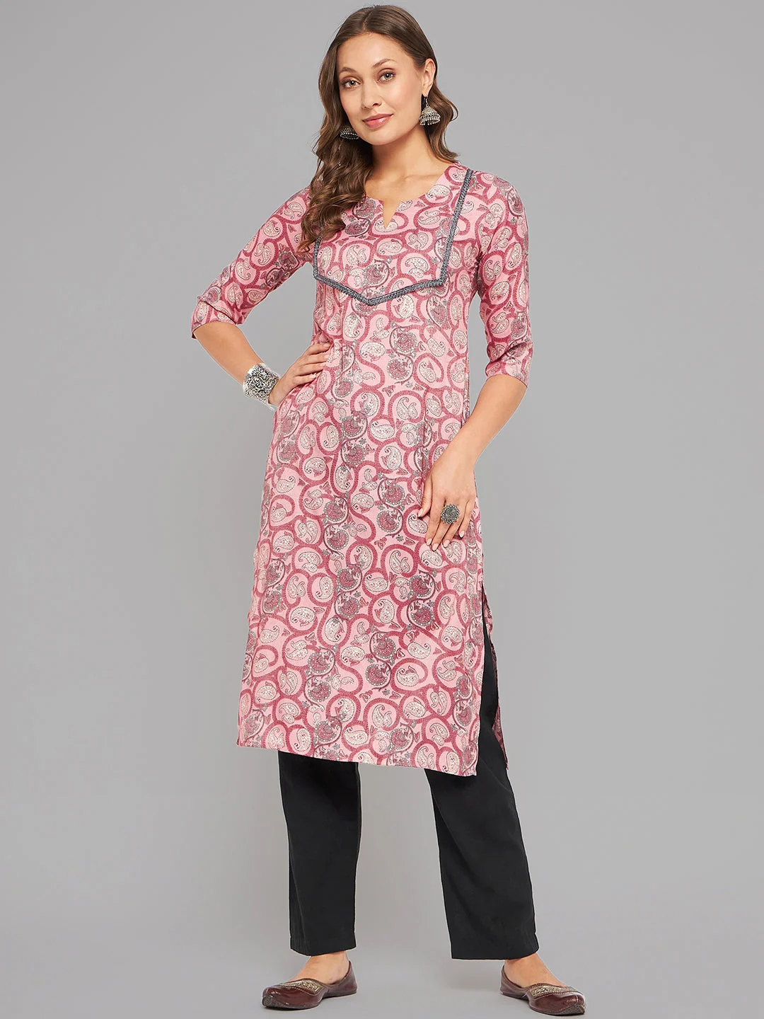 Women Pink Printed Straight Kurta - Image 7