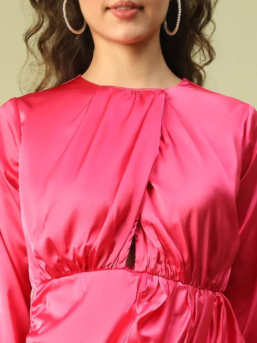 Women Pink Round Neck Long Sleeve Cut-out Above Knee-Length Satin Dress With Gathered Detail - Image 6